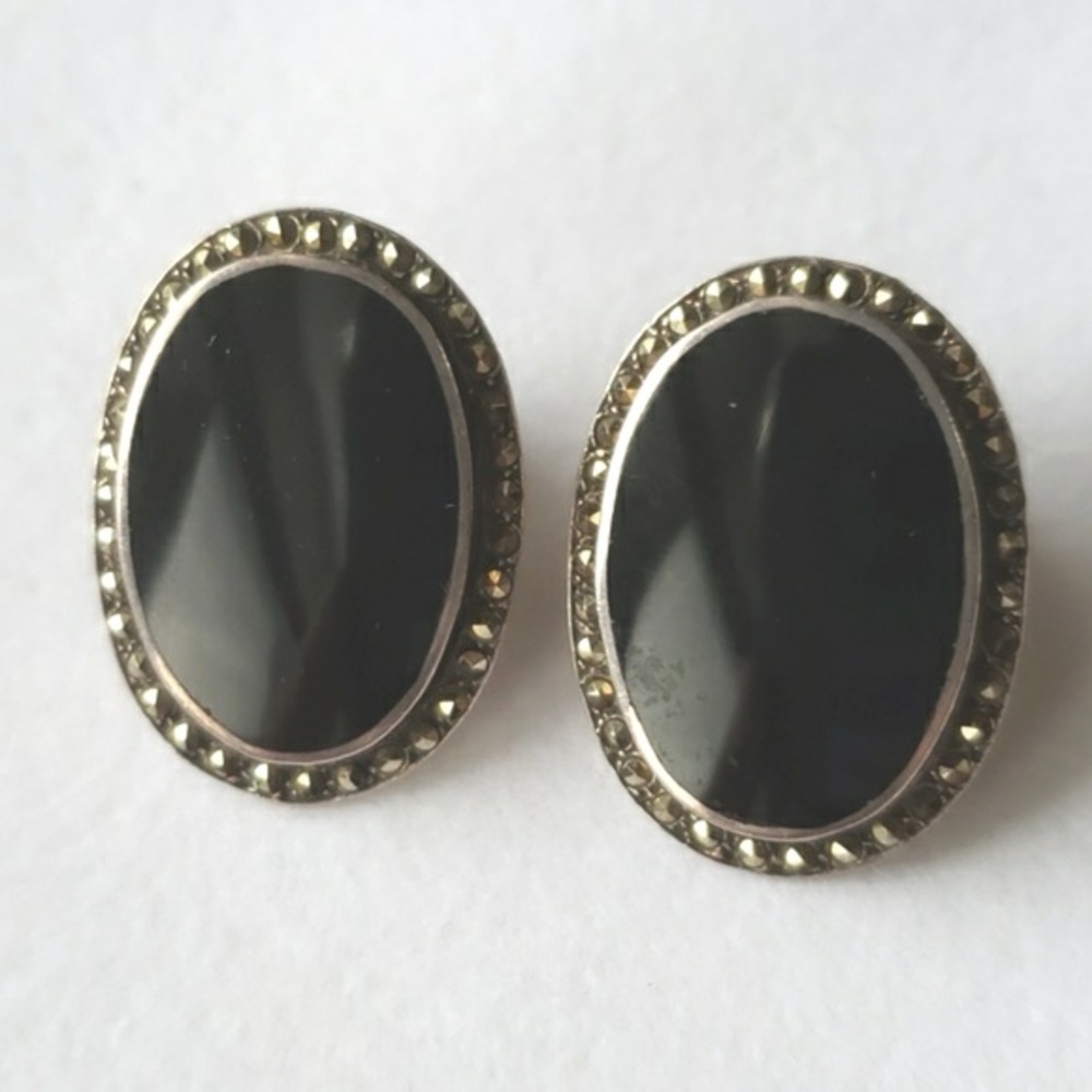 Vintage Sterling Silver Onyx & Marcasite Earrings EUC